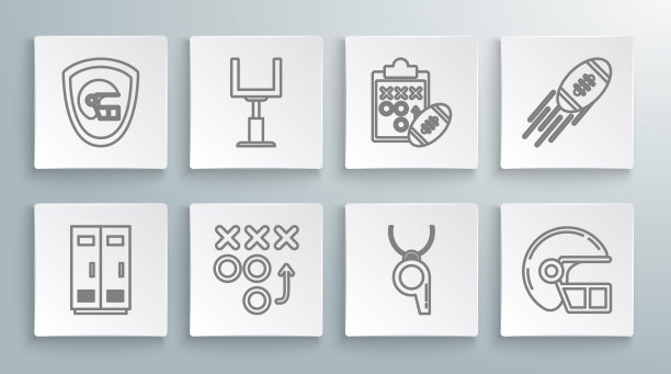 设置美式足球、篮球队或工人更衣室、美式球门、规划策略概念、哨子、头盔、美式足球和盾形图标。向量图片下载