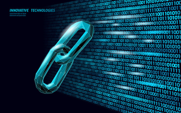 区块链链接标志低聚设计。互联网科技链图标三角形多边形超链接安全业务网络概念。蓝色未来风格电线连接点矢量插图图片下载