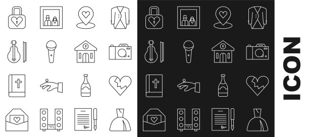 设置线女人的衣服，心碎或离婚，照片相机，位置与，麦克风，小提琴，锁和教堂建筑图标。向量图片下载