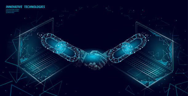 区块链技术3D握手。企业财务协议合同概念。成功网页网低聚横幅模板。多边形国际互联网连接笔记本电脑矢量插图图片下载