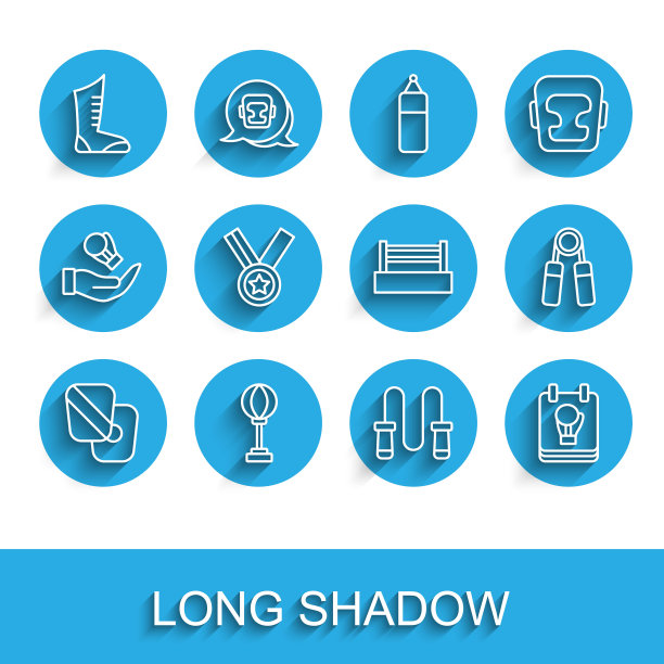 设置线拳击训练爪，出拳袋，运动拳击鞋，跳绳，手套，奖牌，扩展器和戒指图标。向量图片下载