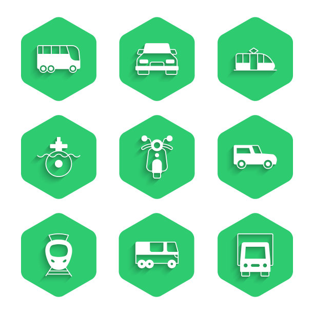设置滑板车，公共汽车，货运卡车，汽车，电车和铁路，潜艇，和图标。向量图片下载