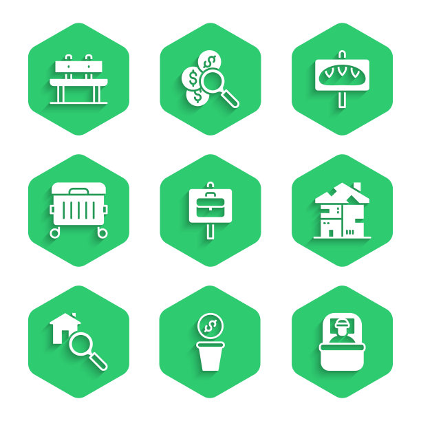 设置工作搜索，捐款，睡袋，无家可归的纸板房子，搜索，垃圾桶，食物和长凳图标。向量图片下载