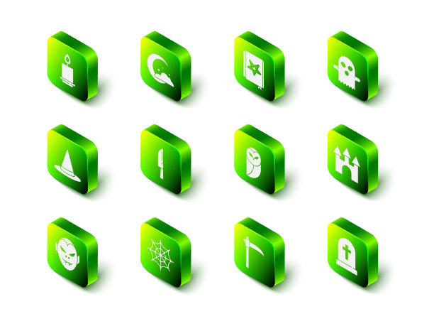 Set Moon and stars, Ancient magic book, Ghost, Castle, Tombstone with cross, Owl, Scythe and Spider web图标。向量图片下载