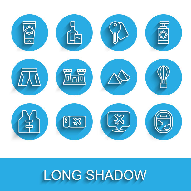 救生衣，机票，防晒霜管，带飞机的语音泡泡，飞机窗户，沙堡，热气球和埃及金字塔的图标。向量图片下载