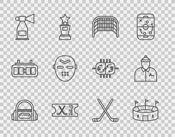 设置线运动袋，冰球场，冰球目标，运动票，空气喇叭，面具，棍子和教练图标。向量图片下载