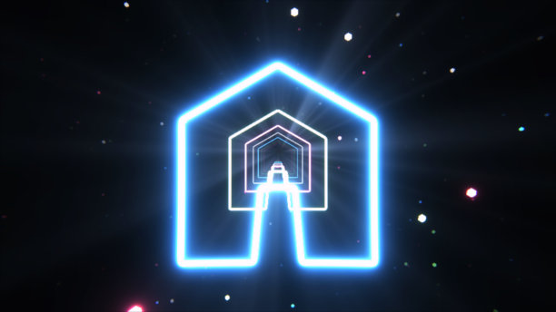 黑色背景上霓虹灯房子形状的3d插图。图片下载