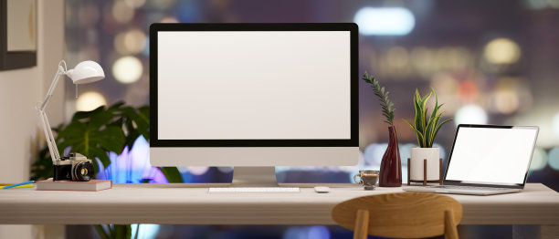 现代办公桌与pc台式机和笔记本电脑模型图片下载