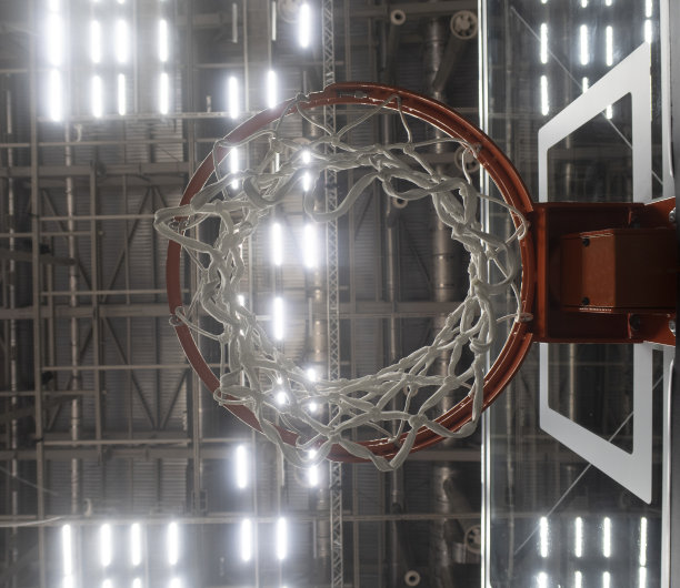 体育馆里悬挂着一个新网子的篮球框图片下载