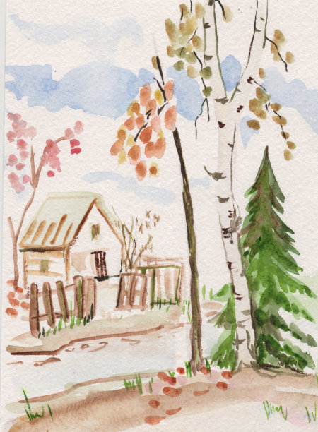 在秋天，孤零零的房子里有桦树和云杉图片下载