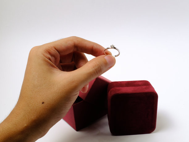手拿钻戒。订婚戒指。红色的珠宝盒图片下载
