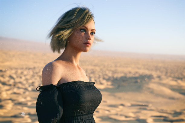 金发女人，风在她的头发在她的黑色衬衫在阳光下荒凉干燥的风景。3 d渲染。图片下载