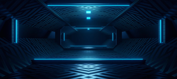 超现实的未来走廊飞机库地下室地下走廊前卫充满活力与中绿松石色3D渲染图片下载