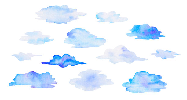 一套水彩云，浅蓝色，为孩子设计孤立在白色背景图片下载