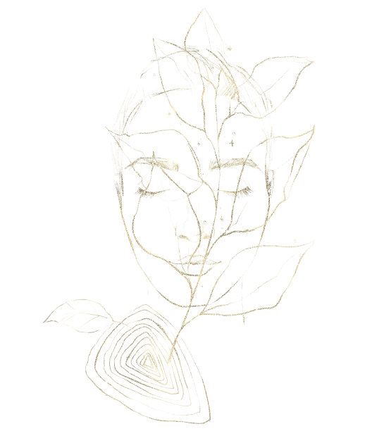 金色的线形沉思的年轻女子和带叶子的树枝。图片下载