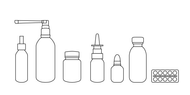 一套药品包装。鼻喉喷雾剂，药片，维生素，药水，抗生素。图片下载