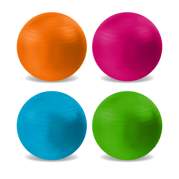 逼真详细的3d不同颜色普拉提球Fitball集。向量图片下载