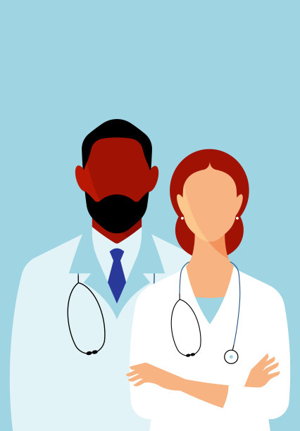 两个带听诊器的医生。黑人男人和白人女人穿着医服站在一起。正面照片，肖像照，医疗队极简插图，海报，封面。图片下载