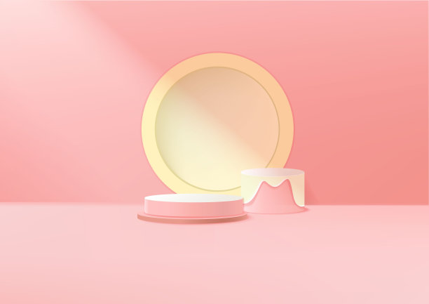 展示产品讲台现场。摘要:圆形墙体场景下的三维产品背景粉色渲染。图片下载