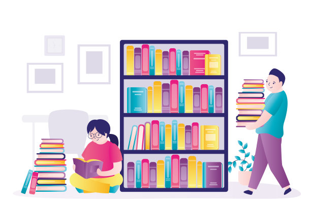 一名学生扛着一摞各式各样的书。小女孩在公共图书馆看书。有很多不同体裁的书的书柜。教育的概念。最喜欢的爱好。图片下载