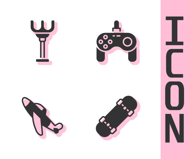 设置滑板、耙子玩具、玩具飞机和游戏手柄图片下载