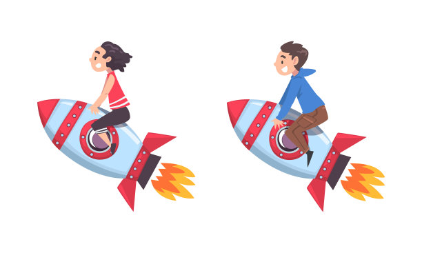 小男孩和小女孩在太空火箭上飞行图片下载