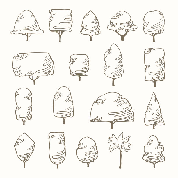一组画在直线艺术风格的树。向量简单形状树与线图片下载