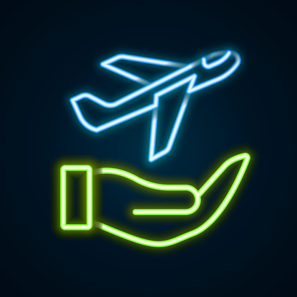 发光的霓虹灯线平面在手图标孤立在黑色背景。飞机飞行。飞机保险。安全，安全，保护，保护理念。色彩斑斓的轮廓的概念。向量图片下载