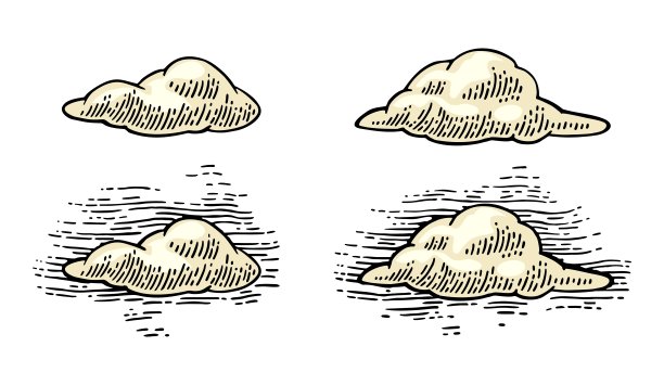 云的集合形式。矢量颜色和黑色手绘复古版画图片下载