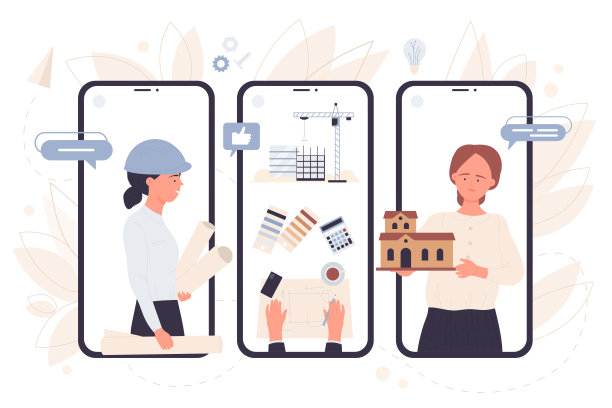 建筑师带着建筑模型和蓝图，在手机屏幕上绘制平面图图片下载