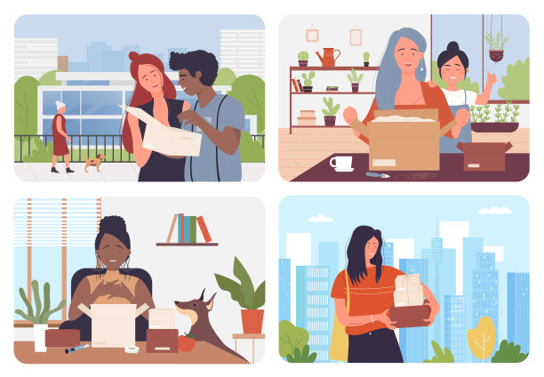 人们打开纸箱，享受打开包裹套装，拿着打开包裹的乐趣图片下载