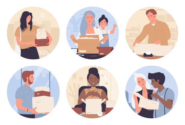 快乐的人打开圆形头像套装的盒子，成人打开惊喜礼物的盒子图片下载