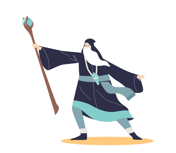 老巫师巫师带着魔法杖，穿着魔术师长袍，用带有水晶石的棍子说出咒语图片下载