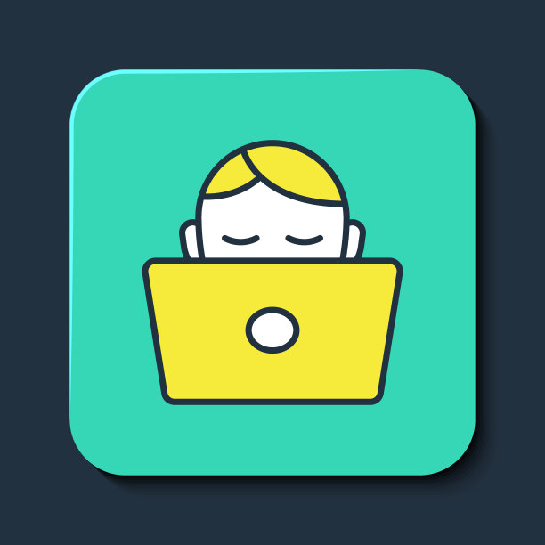 填充轮廓学生工作在笔记本电脑图标孤立的蓝色背景。工作场所的概念。绿松石平方按钮。向量图片下载