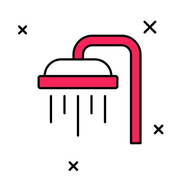 填充轮廓淋浴喷头与水滴流动的图标孤立在白色背景。向量图片下载