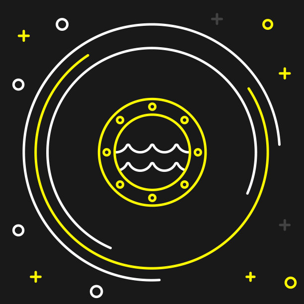 线船舷窗与铆钉和海景外面的图标孤立在黑色背景上。色彩斑斓的轮廓的概念。向量图片下载