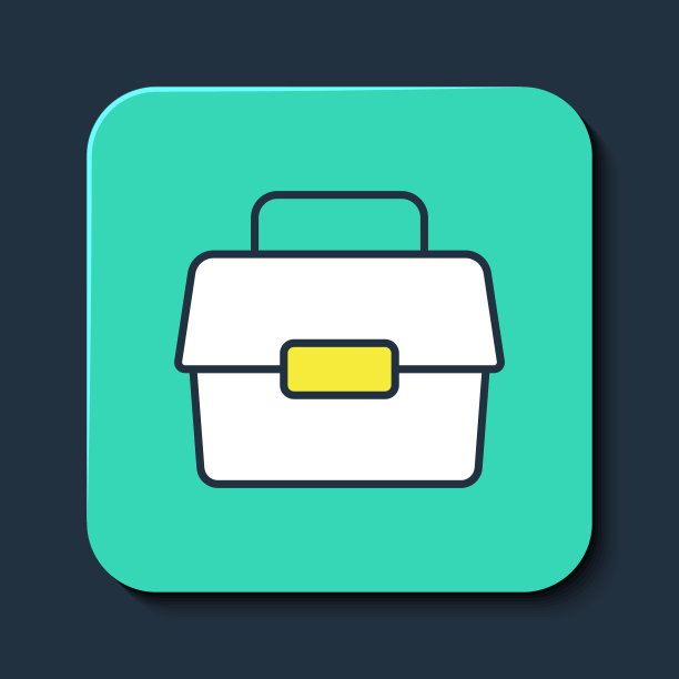 填充轮廓箱或箱容器为摆动器和渔具图标孤立在蓝色背景上。渔具。绿松石平方按钮。向量图片下载