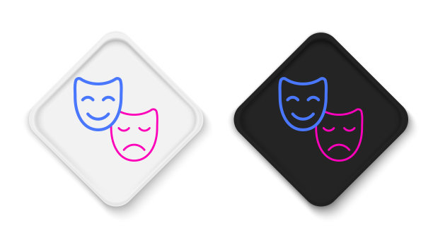 喜剧和悲剧戏剧面具图标，白色背景隔离。彩色轮廓概念。矢量图图片下载