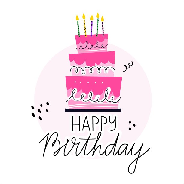 生日贺卡设计与手绘粉红色蛋糕蜡烛和字母。平面风格矢量插图，孤立在白色背景上。设计贺卡，海报或横幅。图片下载