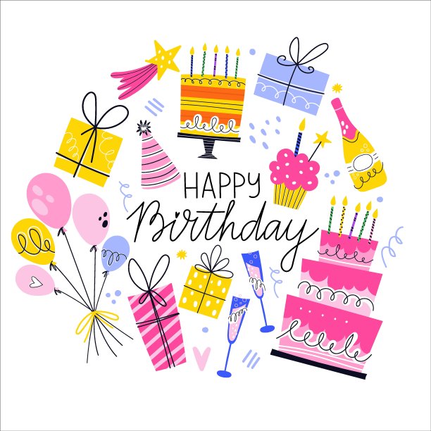 生日庆祝手绘元素集，矢量插图孤立在白色背景在圆形。气球，带蜡烛的蛋糕，礼品盒，纸杯蛋糕，派对帽。图片下载