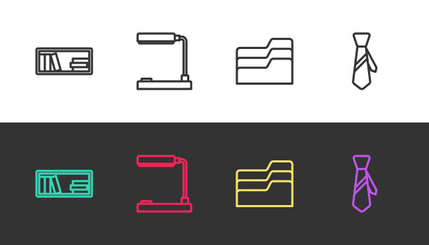 将书架、台灯、文件夹、领带设置在黑白上。向量图片下载