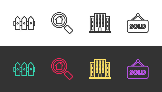 设置线花园栅栏木，搜索房子，房子和悬挂标志与文字出售的黑色和白色。向量图片下载