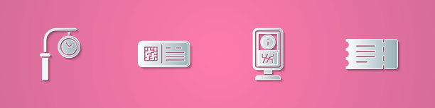 设置剪纸火车站时钟、二维码车票、问讯处及图标。纸艺术风格。向量图片下载