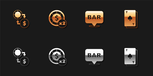 设置赌场筹码交换金钱，酒精酒吧位置和玩卡与黑桃图标。向量图片下载
