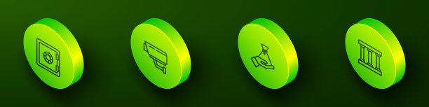 设置等距线安全，安全摄像头，贿赂钱袋和监狱窗口图标。向量图片下载