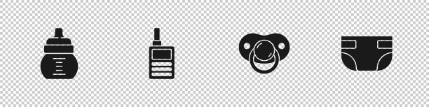 设置婴儿奶瓶，监视器对讲机，奶嘴和吸水性尿布图标。向量图片下载
