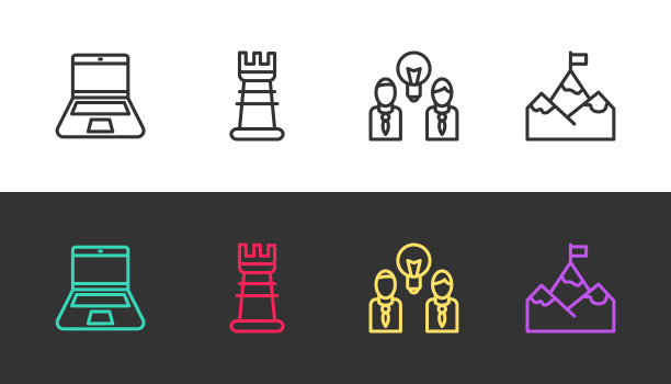 设定线笔记本电脑，商业策略，人与灯泡和山旗黑白。向量图片下载