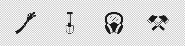 设置消防软管卷轴、铁锹、防毒面具和消防斧图标。向量图片下载