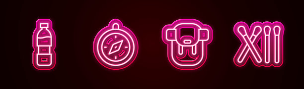 瓶装水，指南针，徒步旅行背包和火柴棒。发光的霓虹灯图标。向量图片下载