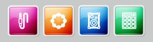 设置线音频插孔，铃鼓，立体声扬声器和鼓机。丰富多彩的广场按钮。向量图片下载